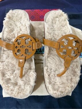 Tory Burch Caramel Corn & Buttermilk Shearling Slides